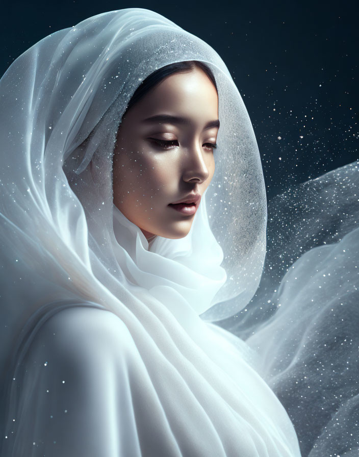 Woman in white veil under starry night with snowflakes.