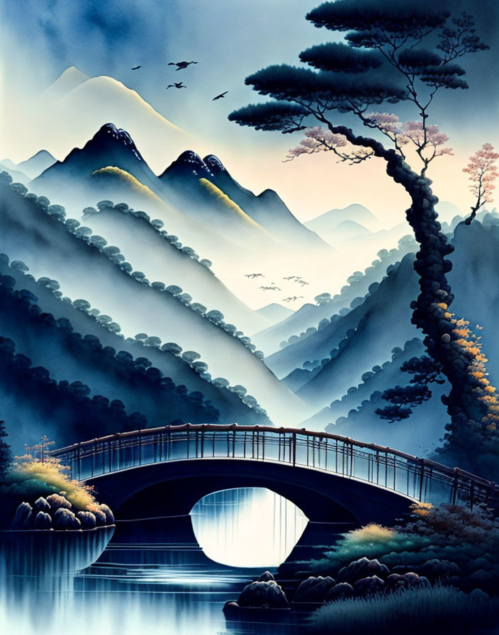 Serene landscape with misty mountains, lake, bridge, trees, and birds at twilight