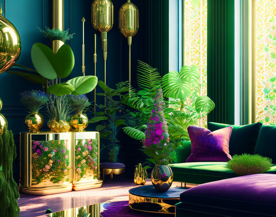 Luxurious Room with Lush Plants, Gold Accents, Purple Sofa, and Patterned Curtains