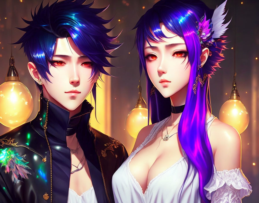 Anime-style characters with blue-purple hair in ornate fantasy clothing against warm golden lights