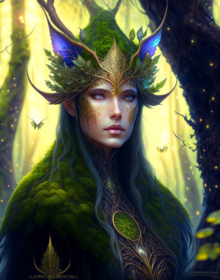 Fantasy elf with golden leaf motifs, blue eyes, and magical forest ambiance