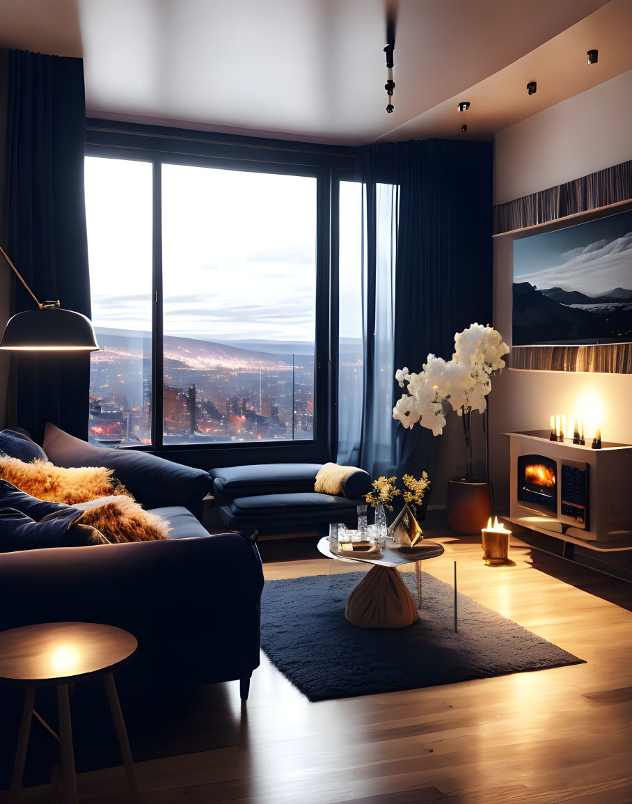 Modern Living Room with Sectional Sofa, Fireplace, City View, and Ambient Lighting