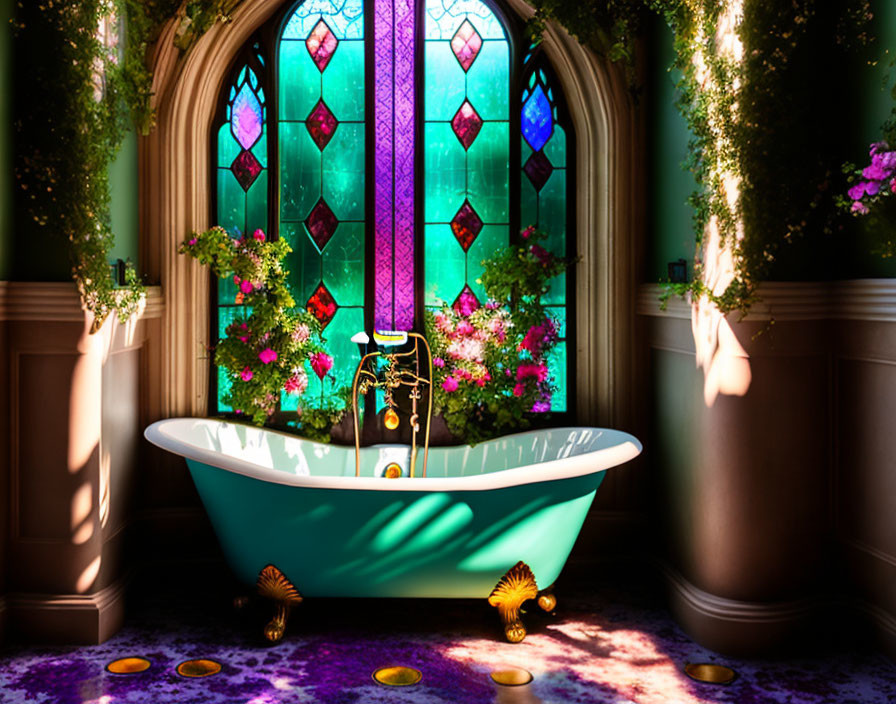 Elegant clawfoot bathtub in room with stained-glass windows