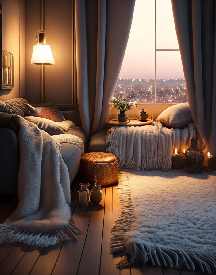 Warm and inviting evening ambiance with lamp, candles, sofa, blankets, and city lights view