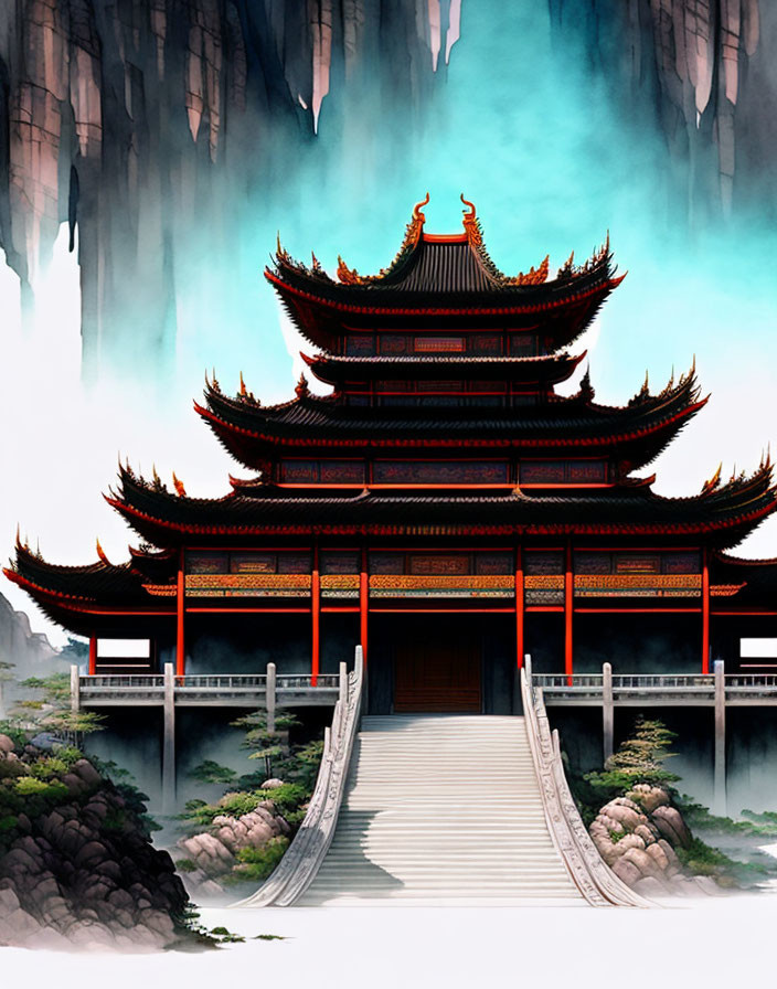 Traditional Multi-Tiered Pagoda on Rocky Islets with Arched Bridge