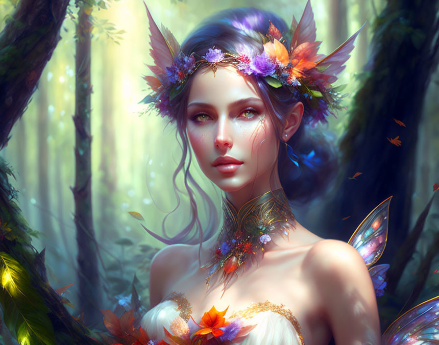 Fantasy illustration of female character with elf-like ears, floral crown, butterfly wings in enchanted forest.