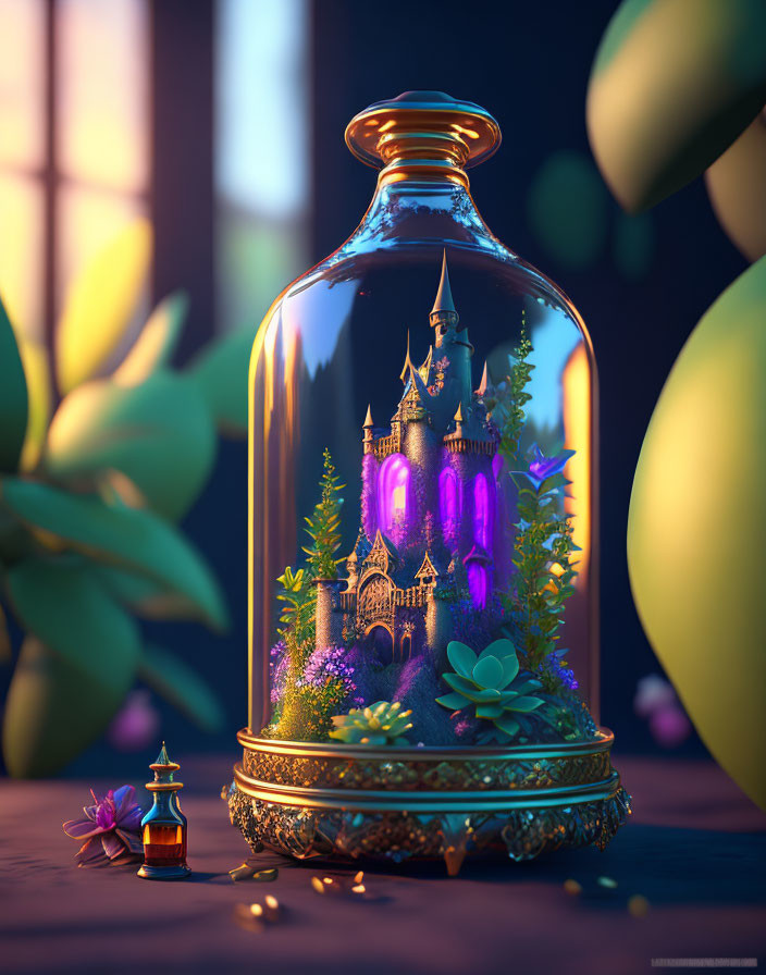 Fantasy castle in glass jar with purple light, green foliage, and small bottle