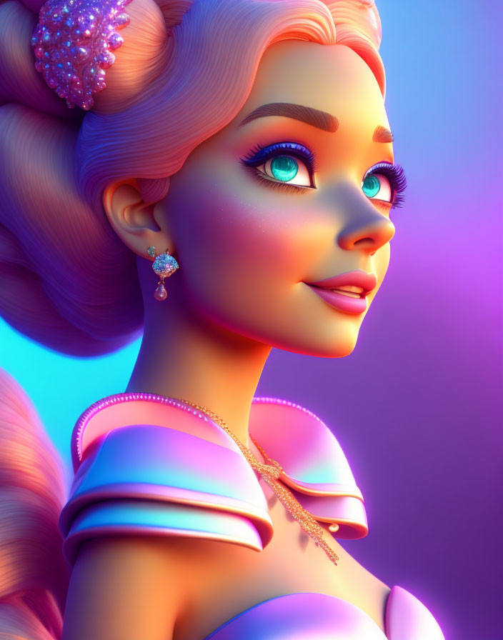 Stylized female character with blue eyes and pink hair in elegant attire