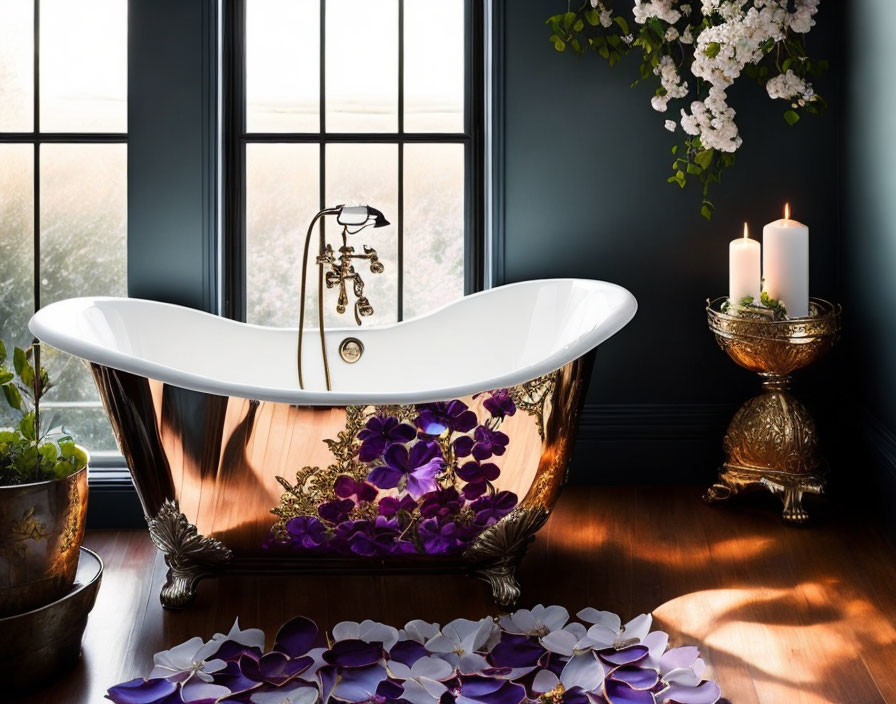 Luxurious Bathtub with Purple Flowers, Candles, and Greenery in Serene Setting