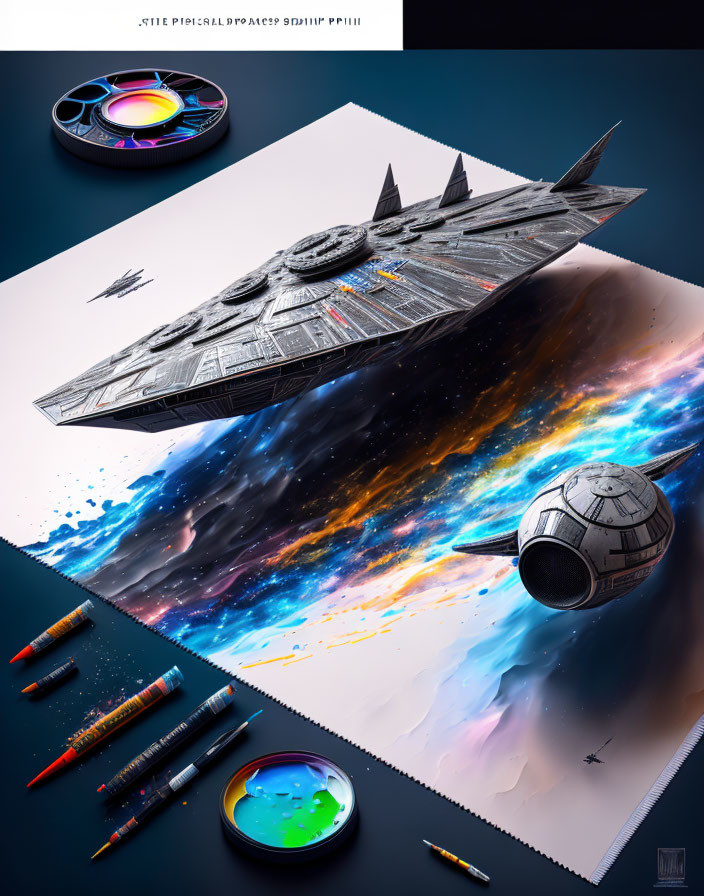 Illustration of Millennium Falcon sketch lifting off from notepad into space scene