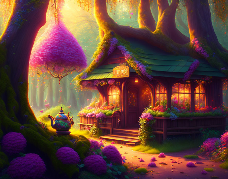 Enchanted forest scene with whimsical cottage, vibrant flora, mystical teapot