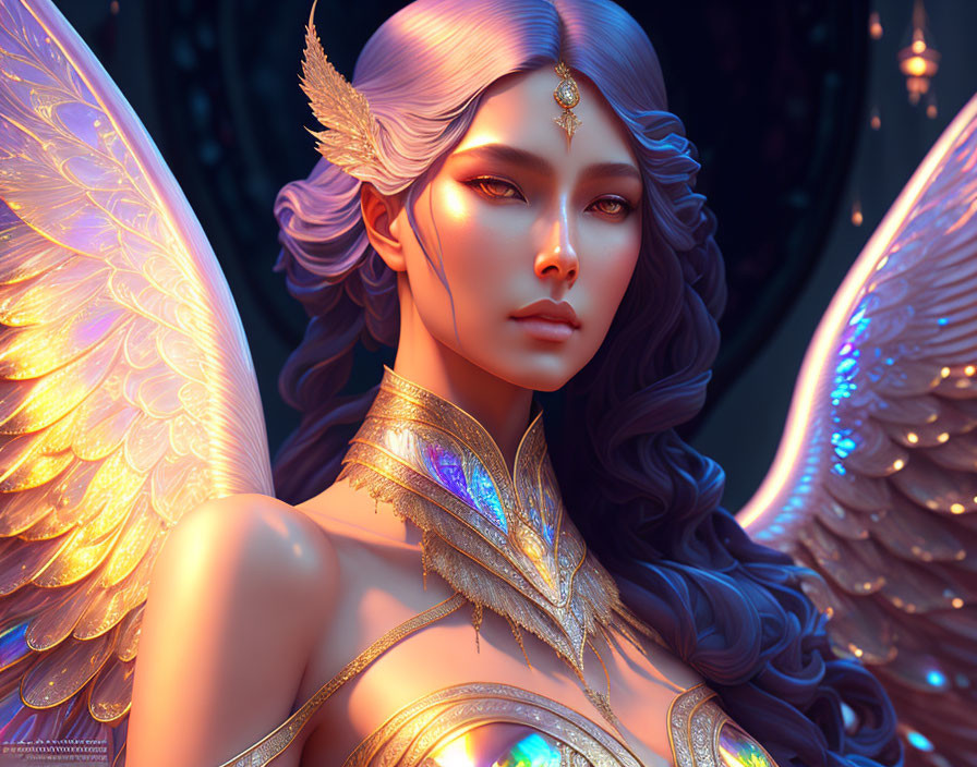 Fantasy character with golden armor and intricate wings on dark background