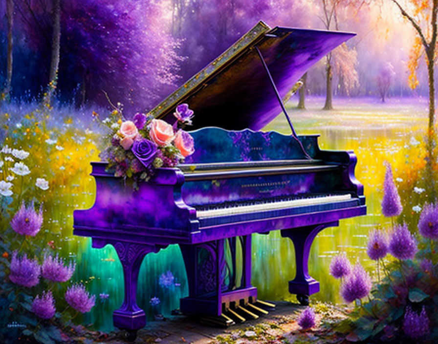 Colorful Grand Piano with Roses in Mystical Forest Glade