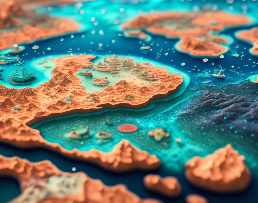 Detailed 3D fantasy map: islands, ships, vibrant blue ocean