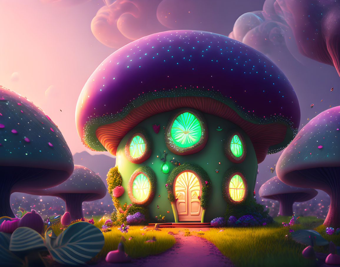 Vibrant Mushroom House in Magical Forest at Dusk