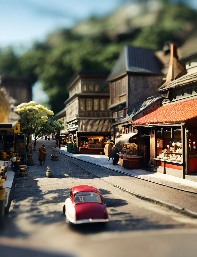 Quaint street scene with shops, pedestrians, red car, tilt-shift effect