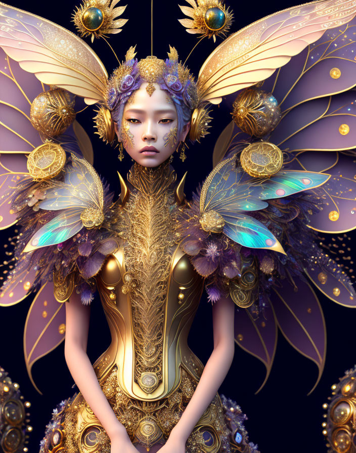 Majestic fantasy figure with butterfly wings and golden armor in mystical setting