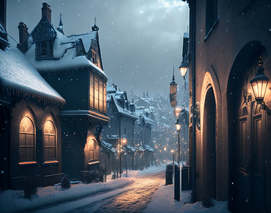 Snowy Evening Scene: Illuminated Street Lamps & Classic Architecture