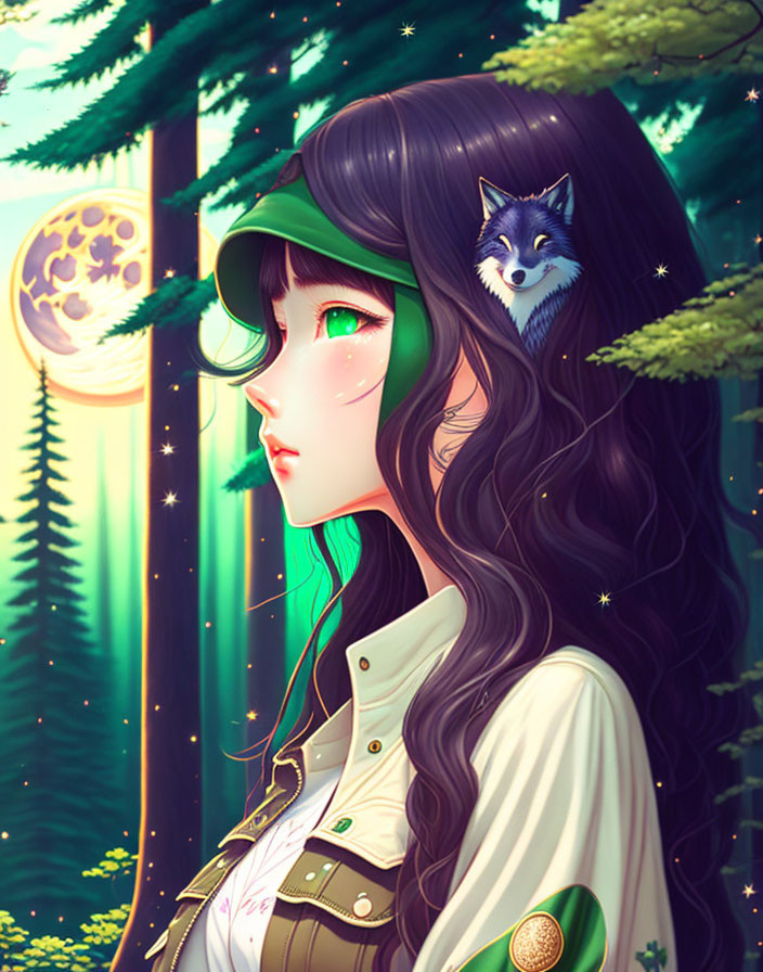 Dark-Haired Girl with Fox in Moonlit Forest