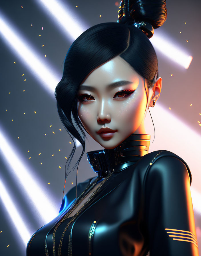 Futuristic digital artwork of woman with black hair in buns and neon lights