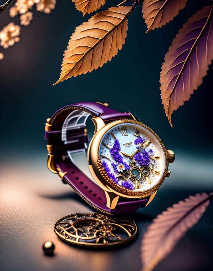 Purple Strap Floral Motif Gold Detail Watch on White Face