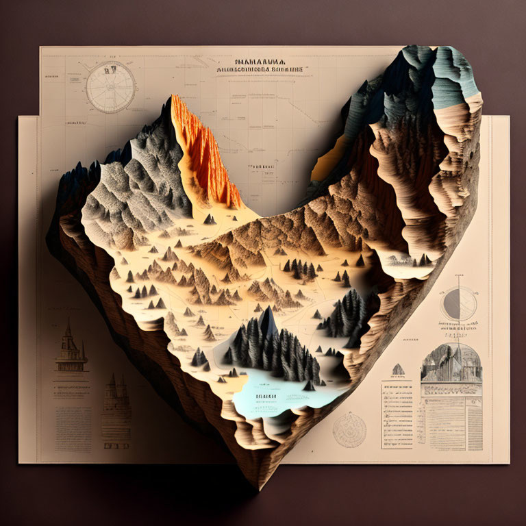 Three-Dimensional Topographical Art Piece of Rolling Hills and Mountains