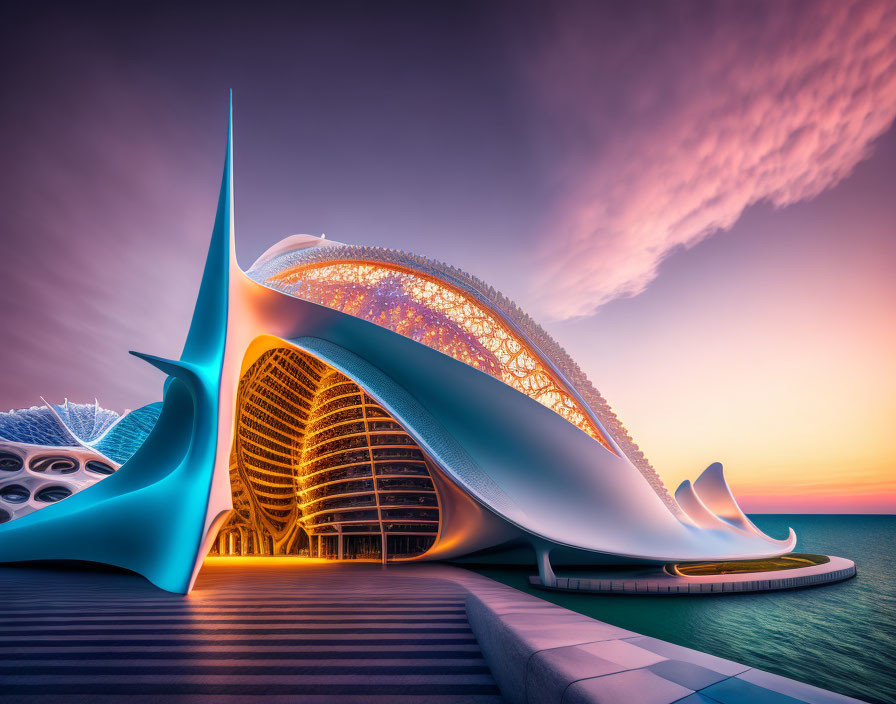 Futuristic building with white curves and golden dome at sunset by water