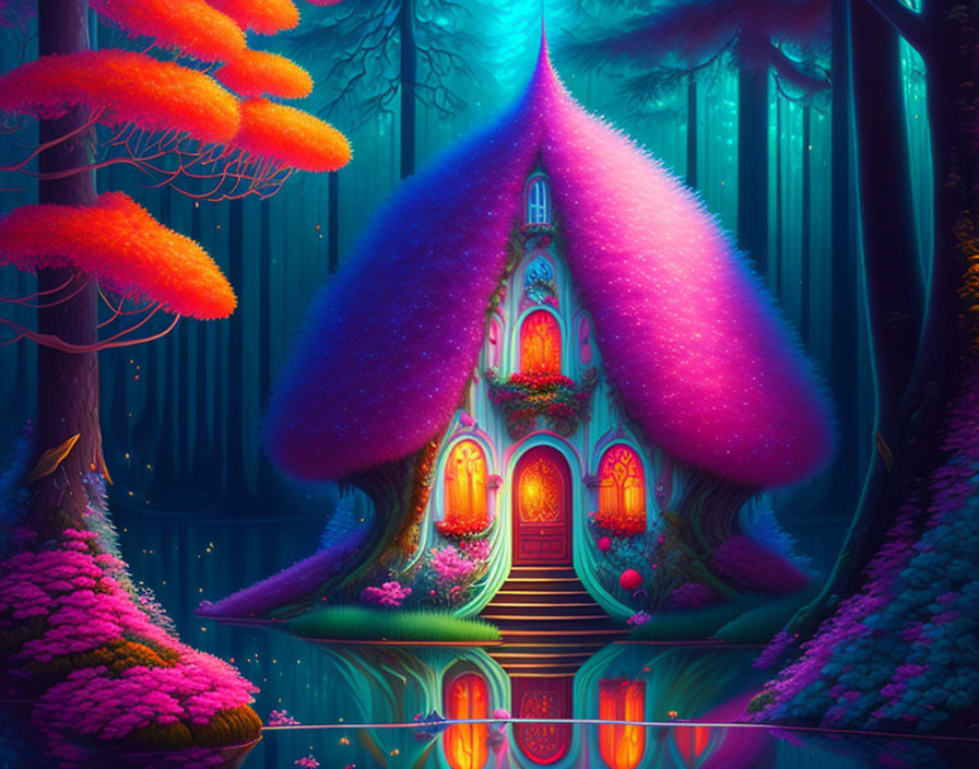 Colorful fantasy illustration: Whimsical house in enchanted forest