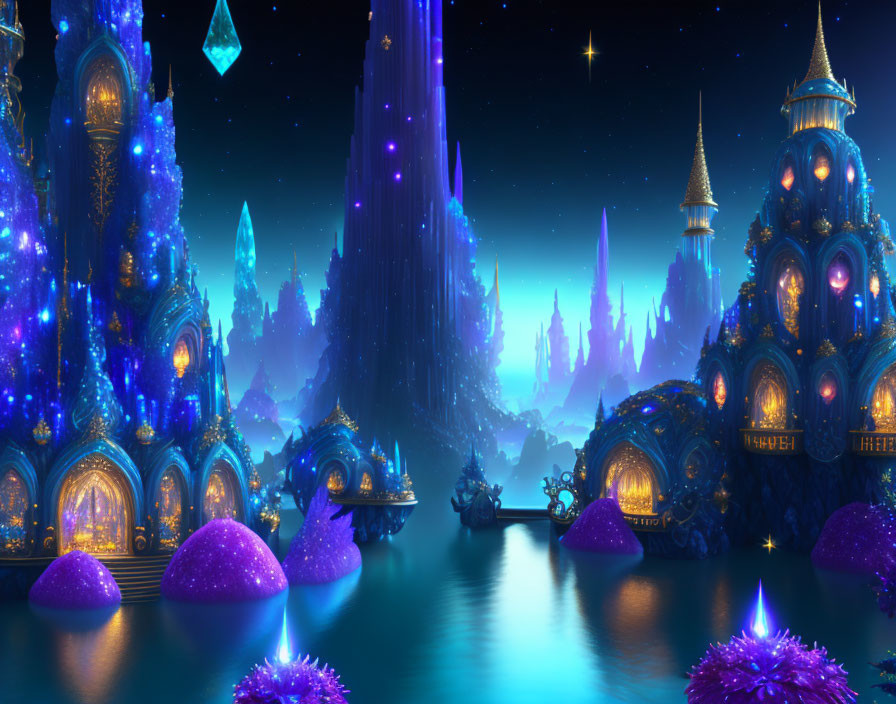 Enchanting nighttime landscape with glowing blue crystals and ornate towers