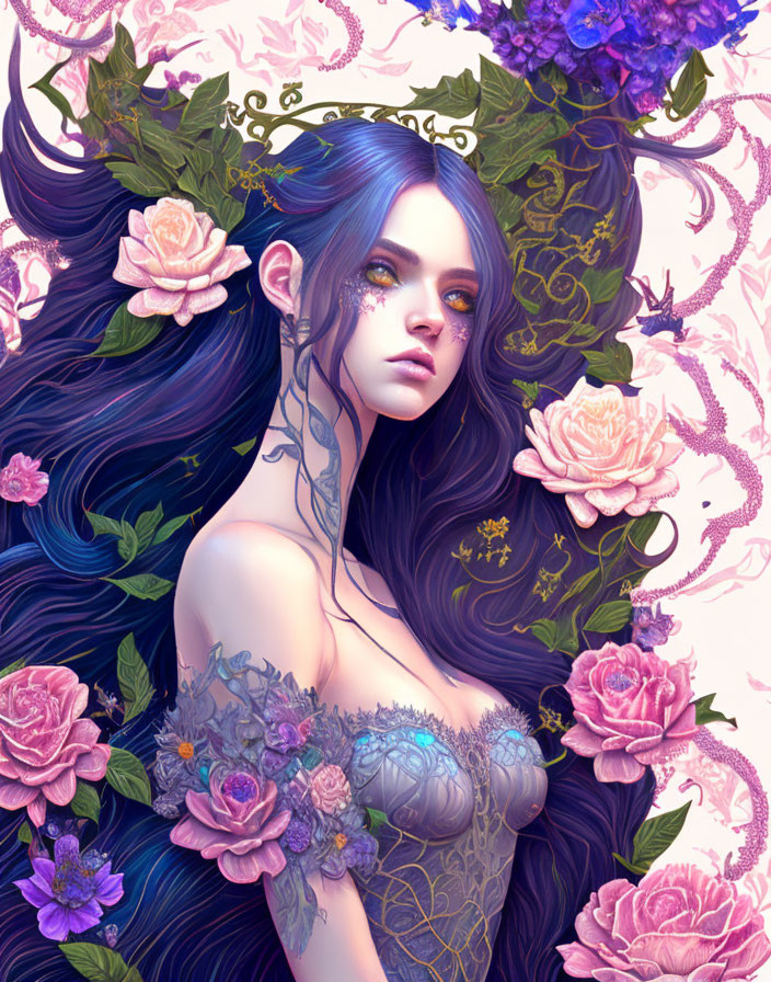 Fantastical female figure with flowing hair in purple and pink hues surrounded by flowers