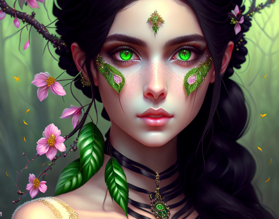 Fantasy digital art: Woman with green eyes, botanical motifs, jewelry, floral background