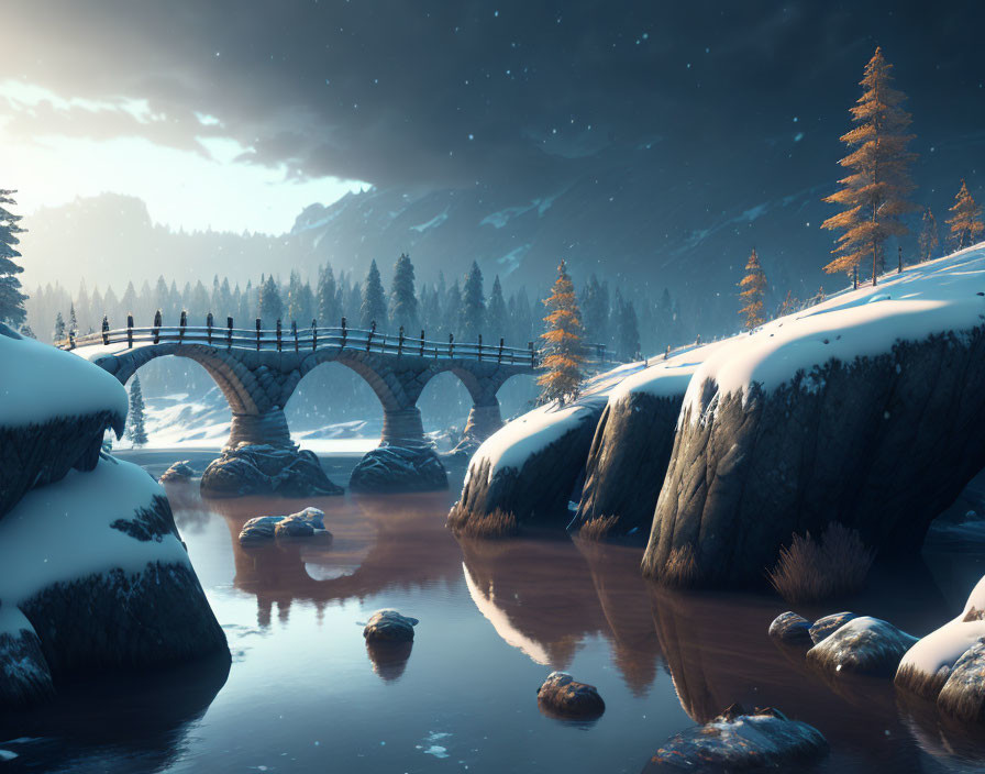 Stone arch bridge over tranquil river in snowy landscape with golden trees under twilight sky full of stars