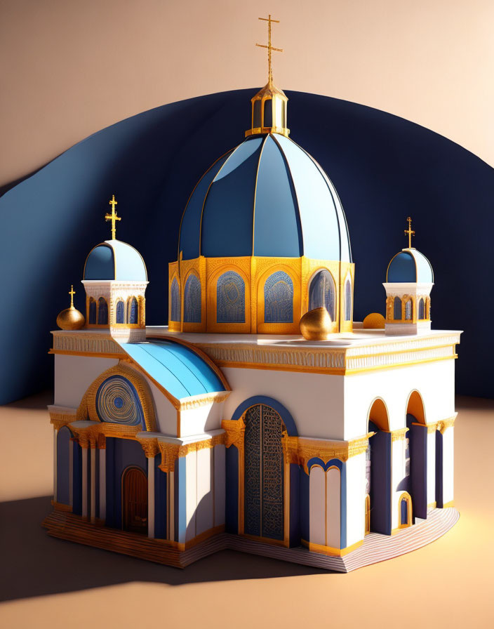 Stylized 3D miniature orthodox church with blue domes and golden crosses