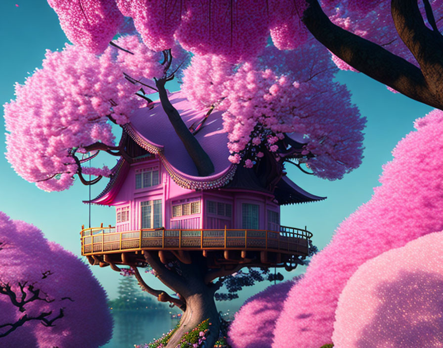 Pink treehouse surrounded by cherry blossoms near tranquil lake