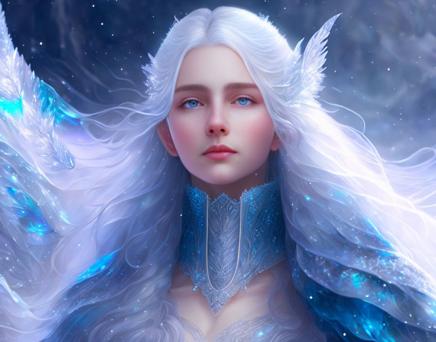 Fantastical image: Woman with white hair, pointed ears, blue eyes, and ethereal aura