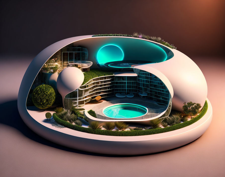 Circular futuristic building with internal green spaces and glowing blue lights