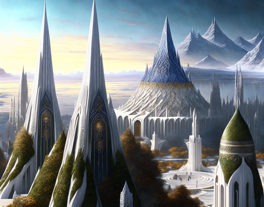 Majestic spire-topped structures in fantasy landscape with autumn trees and snow-capped mountains