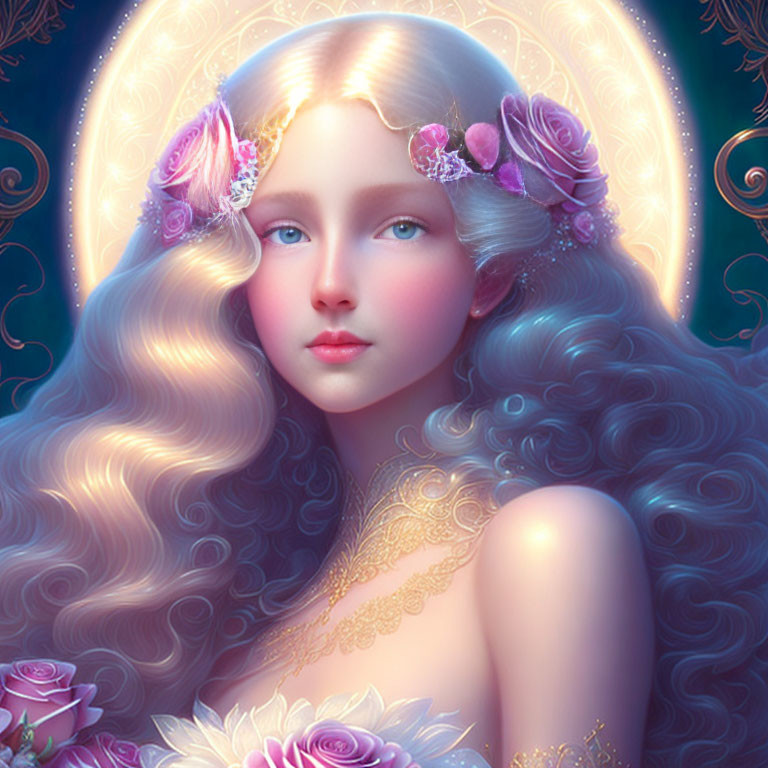 Fantasy digital artwork: Female figure with golden hair, pink flowers, and luminous backdrop