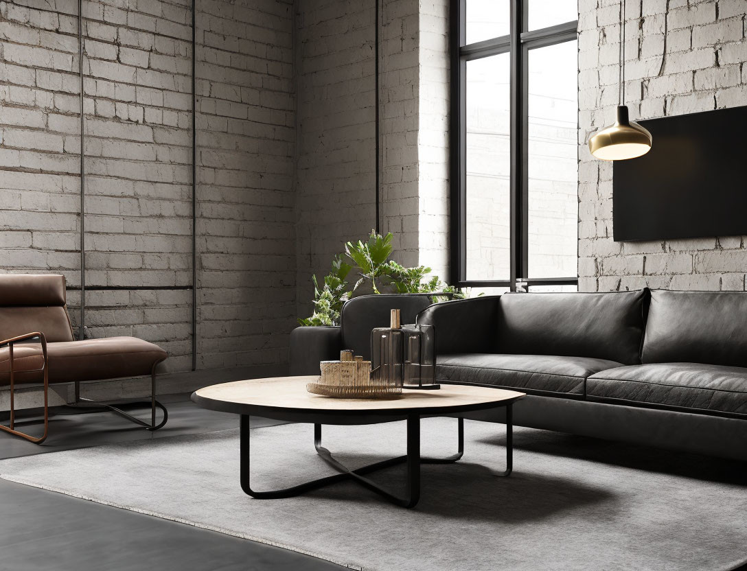 Contemporary living room with black leather sofa, brown armchair, round coffee table, potted plants