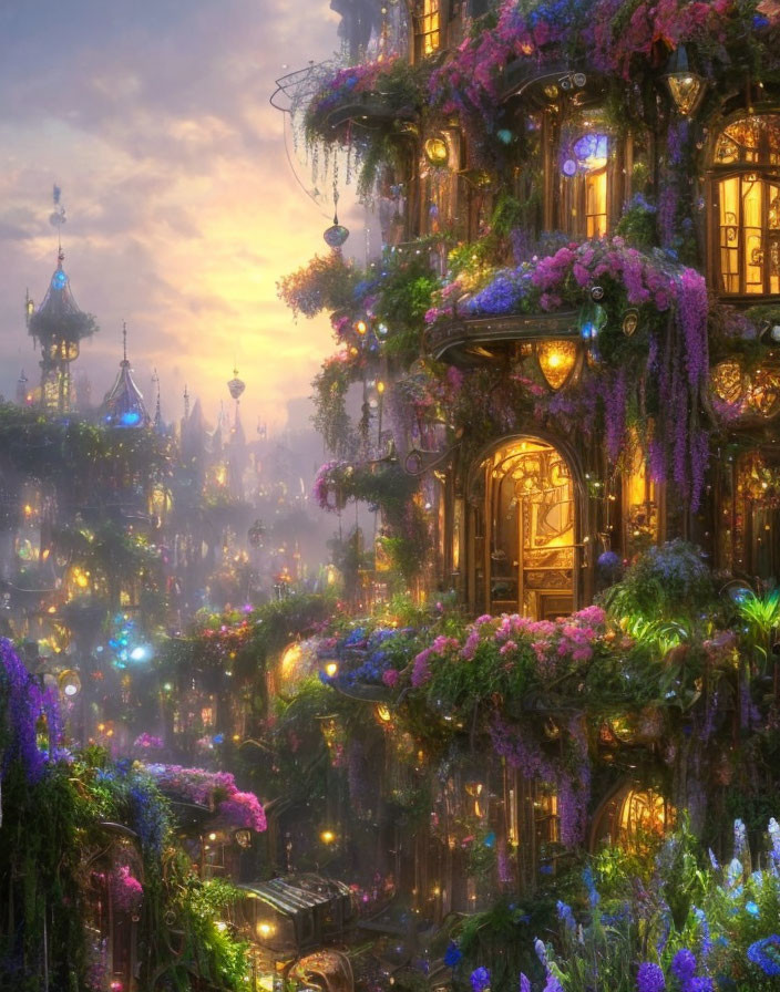 Fantasy treehouse with vibrant flowers and ivy in mystical twilight.