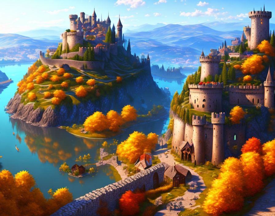 Majestic castle on cliff in vibrant fantasy landscape