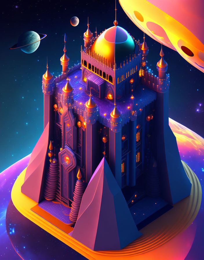 Fantastical floating palace with cosmic backdrop