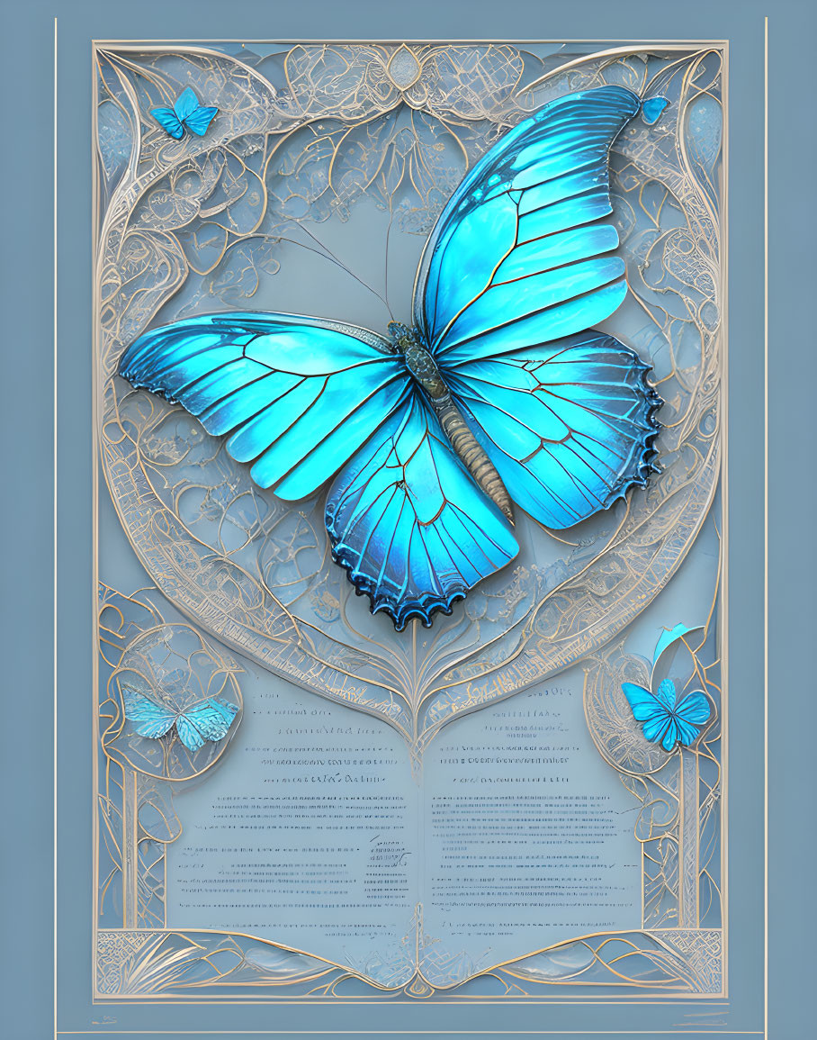 Detailed blue butterfly on open book with ornamental designs