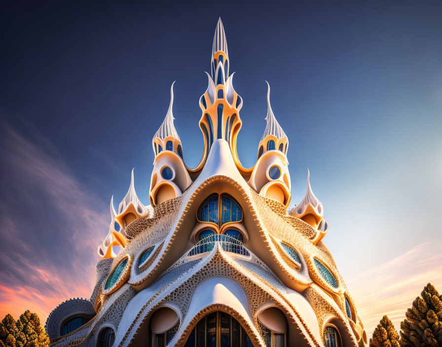 Fantasy-style building with ornate spires at sunset