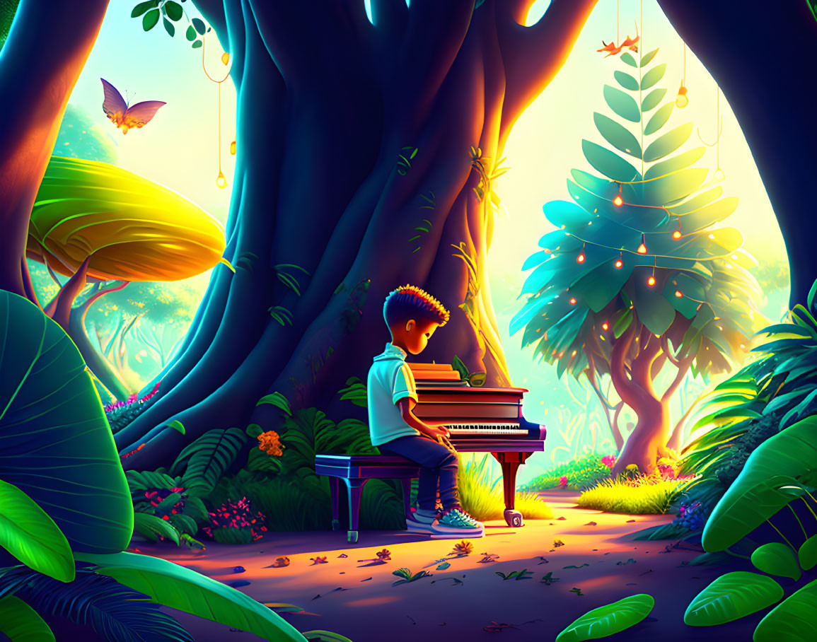 Boy playing piano in enchanting forest with oversized leaves and glowing lights