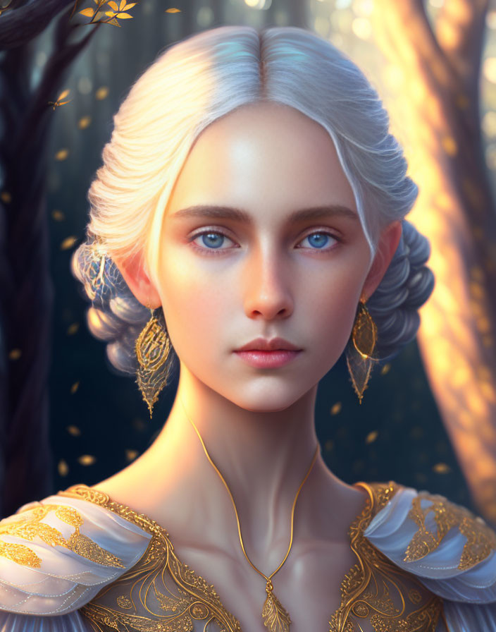 Portrait of woman with blue eyes, white hair, gold jewelry, in golden sunlight forest setting