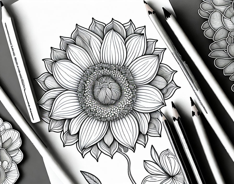 Detailed Sunflower Coloring Book Page with Pencils for Shading