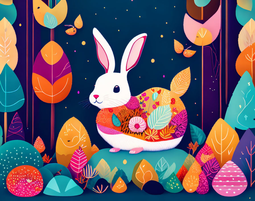 Whimsical white rabbit in vibrant floral scene against starry sky