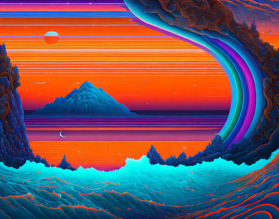 Colorful surreal landscape with ocean, sky, mountain, and swirling patterns