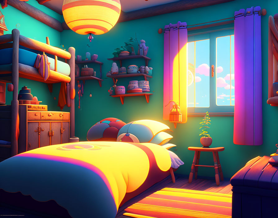 Colorful Bedroom with Sunset Light and Neatly Made Bed